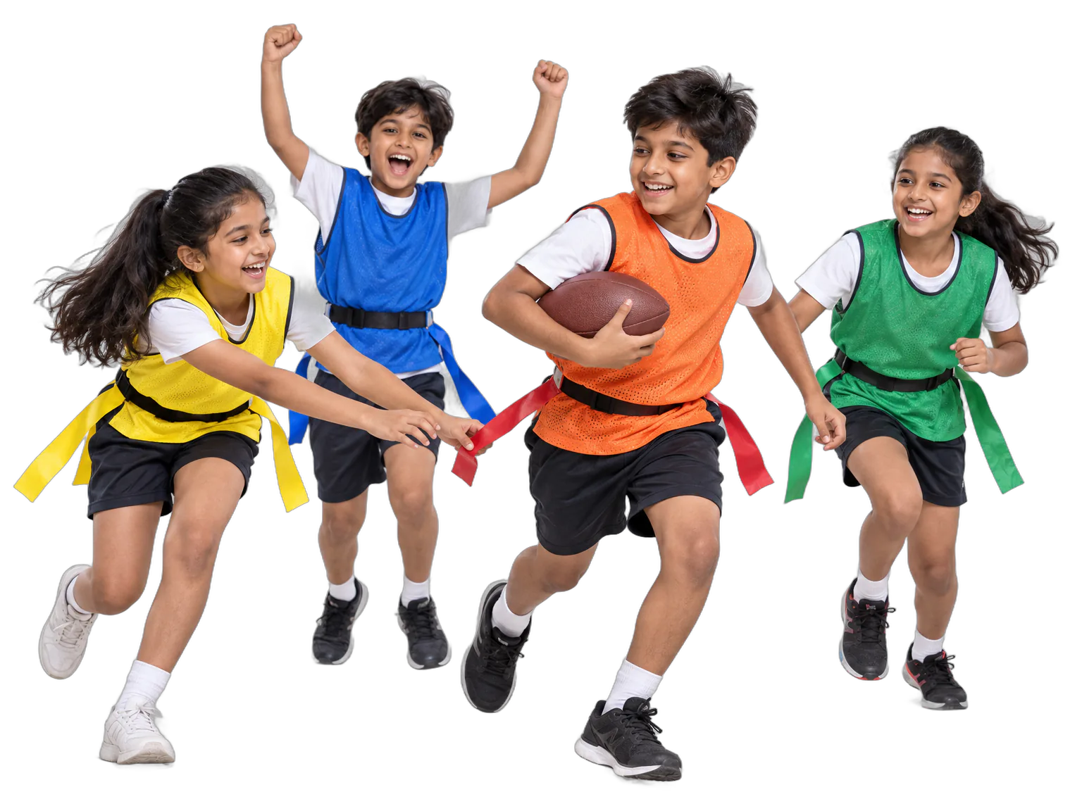 Young flag football players running a drill