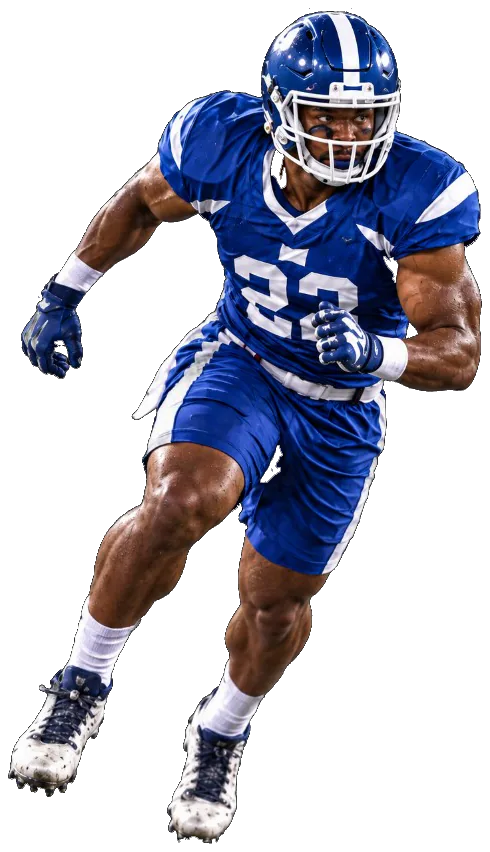 Tackle football player in pads, number 23, running with the ball